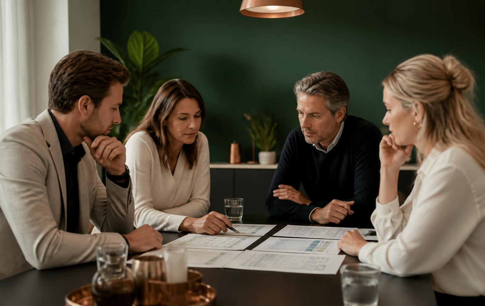 Managementteam vergelijkt uitgeprinte ERP-offertes en vergelijkingstabellen aan een vergadertafel
